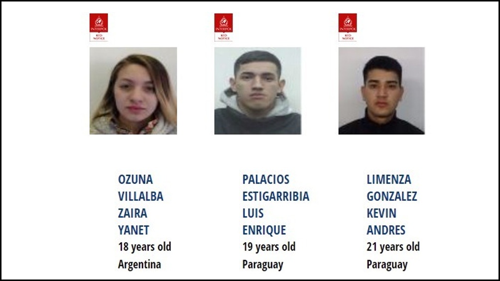 Además, los pesquisas continúan buscando a Zaira Yanet Ozuna Villalba (18) y dos jóvenes de nacionalidad paraguaya llamados Luis Enrique Palacios Estigarribia (19) y Kevin Andrés Limenza González (21).