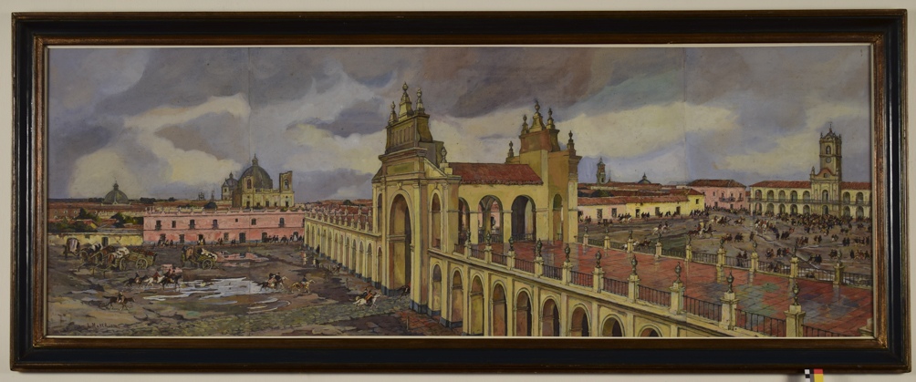 "25 de Mayo de 1810", acuarela realizada en 1945 por Léonie Matthis (1883-1952), la única firmada por una mujer en el Museo del Cabildo porteño.