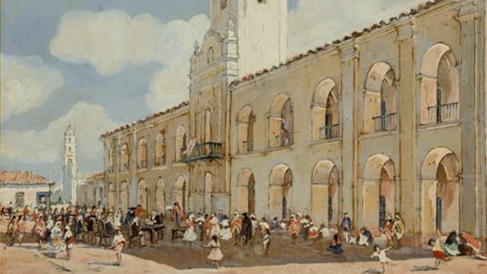 "Almoneda pública de esclavos en la Plaza Mayor, 1760", obra que se encuentra en el Museo Histórico Brigadier General Cornelio de Saavedra.