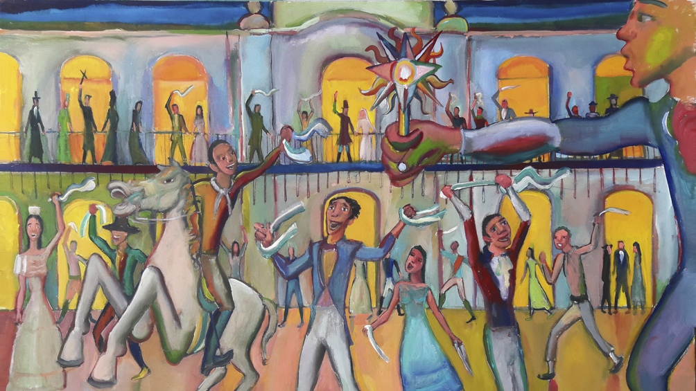 "24 de mayo de 1810, la noche previa a la revolución ", acrílico sobre lienzo de 95 x 130 cm. Obra de Diego Manuel Rodríguez (2018).