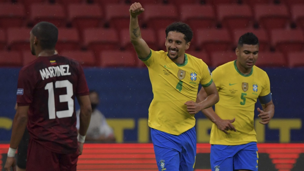 Marquinhos abrió la cuenta en el marcador para Brasil ante Venezuela (foto IG Marquinhos5)
