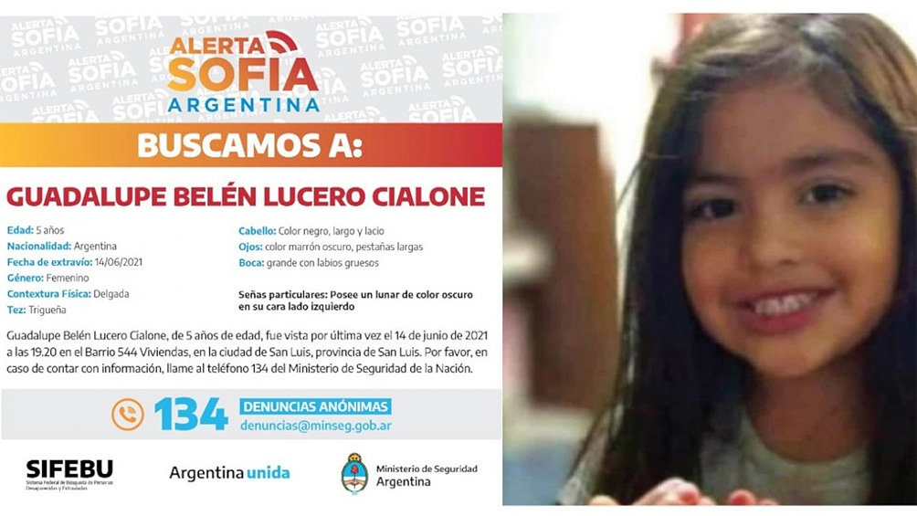 Buscan en Mendoza pistas para encontrar a Guadalupe Lucero desaparecida hace 17 días en San Luis.