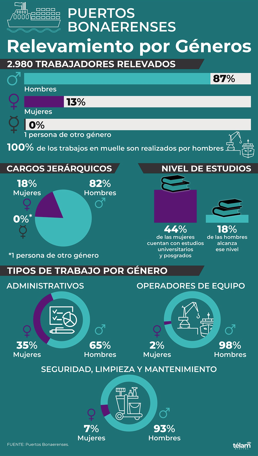 Solo el 13% del total de los puestos de trabajo existentes en los puertos bonaerenses está ocupado por mujeres, de acuerdo al relevamiento llevado a cabo por la Subsecretaría de Asuntos Portuarios, perteneciente al Ministerio de Producción provincial.
