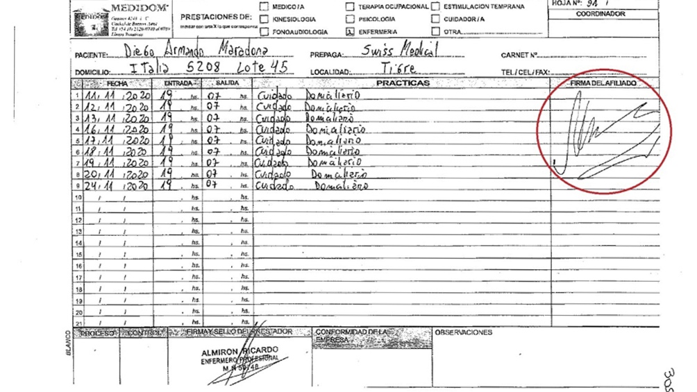 La planilla que, según el enfermero Almirón, él la entregó sin la firma de Diego.