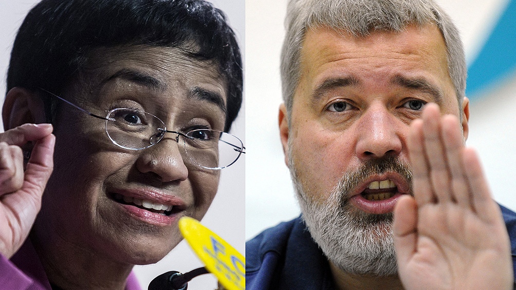 Ressa es experiodista de CNN y cofundadora de la página de información Rappler y Muratov es uno de los fundadores y jefe de redacción del periódico ruso Novaya Gazeta. Foto: AFP.