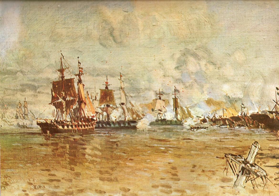 La armada anglo-francesa fuerza su paso a través de la Vuelta de Obligado, pintura de Manuel Larravide