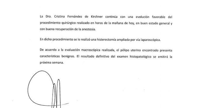 Nuevo parte de Cristina Kirchner: “El pólipo uterino encontrado presenta características benignas”