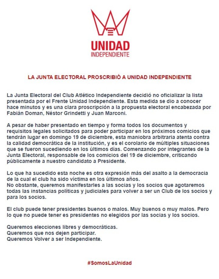 Comunicado de Unidad Independiente.