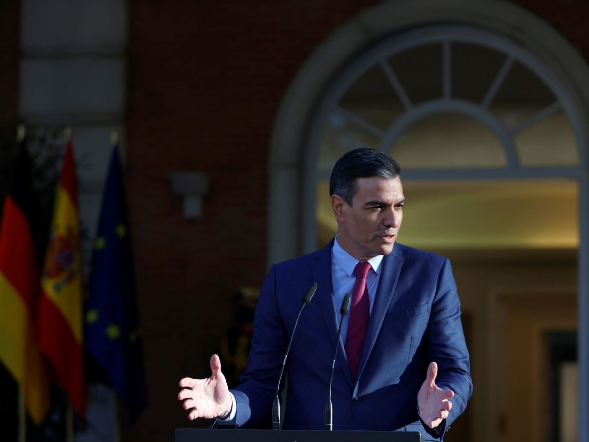 Foto: El presidente del Gobierno, Pedro Sánchez, durante una comparecencia en Moncloa esta semana tras reunirse con el canciller alemán Olaf Scholz. (EFE/Mariscal)
