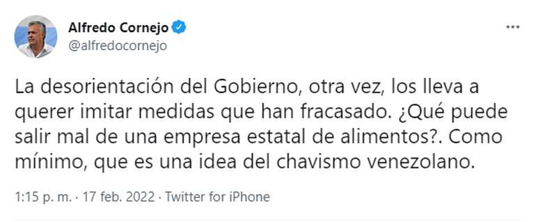 Cornejo sobre la empresa de alimentos estatal: “Son ideas del chavismo venezolano”