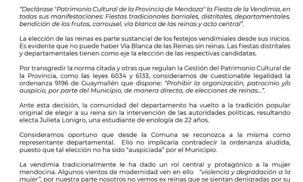 Vendimia: el PRO de Mendoza le pidió a Marcelino que reconozca a la reina “blue”