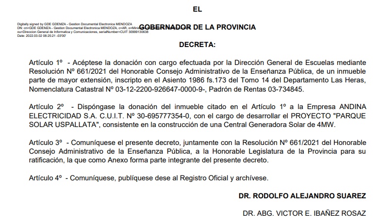 Por decreto, Suarez les donó a Vila y Manzano un terreno de la DGE en Uspallata