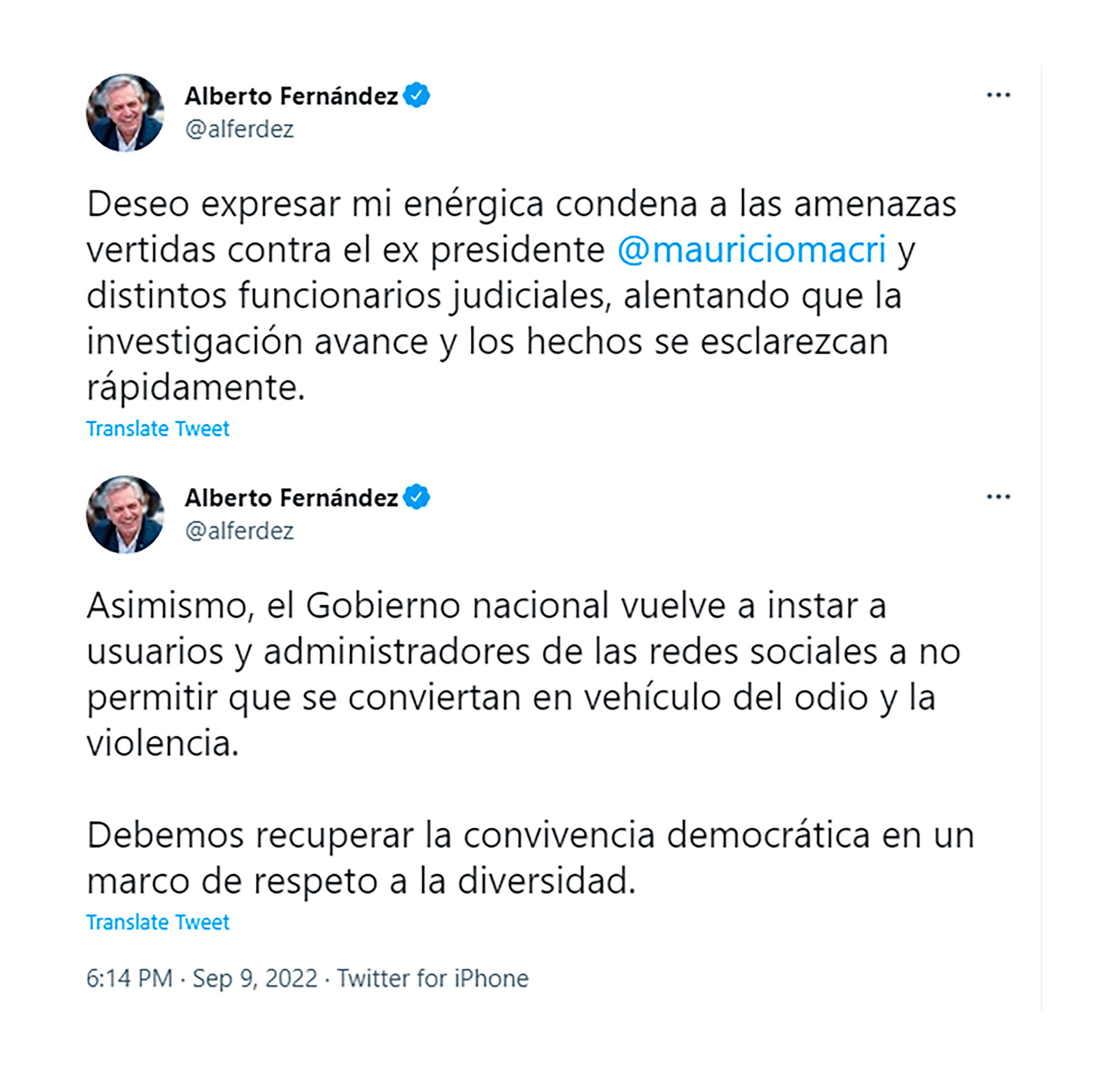 Alberto Fernández condenó las amenazas de muerte que recibió Mauricio Macri