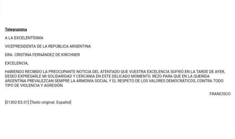 Mensaje del Papa Francisco a Cristina Kirchner tras su intento de asesinato.