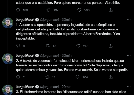 La oposición asegura que el kirchnerismo se está “aprovechando” del ataque a Cristina
