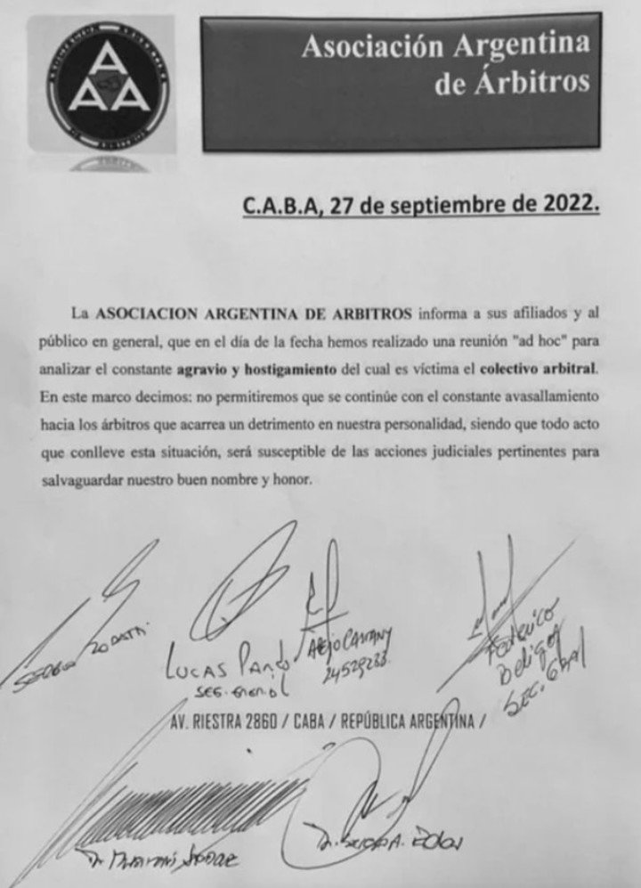 El comunicado emitido por la Asociación Argentina de Árbitros.