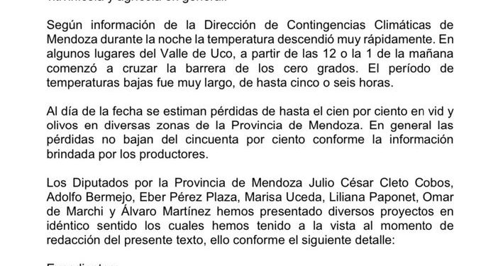 Sin grieta: legisladores por Mendoza pidieron a la Nación que declare la emergencia por las heladas