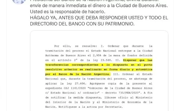 Patricia Bullrich le exigió al Banco Nación que envíe “de manera inmediata” el dinero de la coparticipación a la CABA