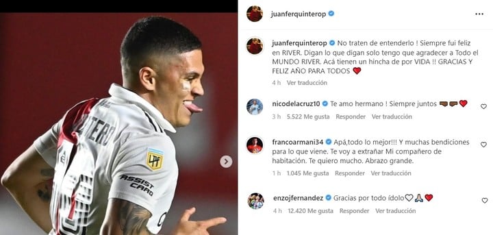 Con una publicación en Instagram, Quintero dejó entrever que se iría de River. Lo confirmaron sus compañeros en los comentarios.