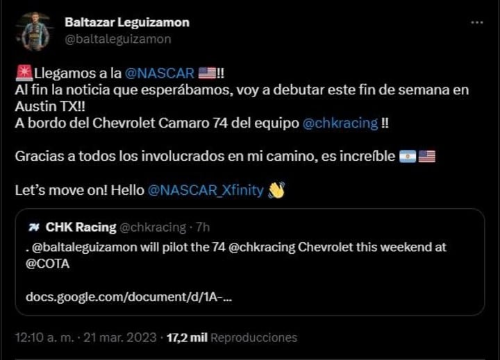 Leguizamon correrá en la NASCAR Xfinity