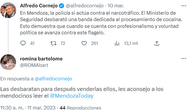 Duras críticas hacia Cornejo en Twitter luego de adular la lucha contra el narcotráfico en Mendoza