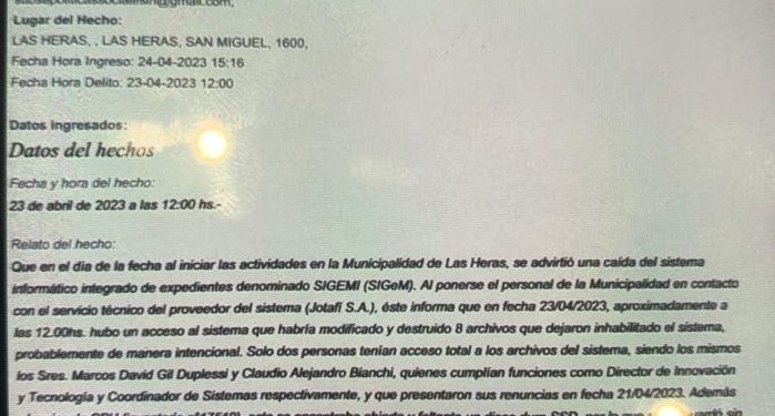 Escándalo en Las Heras: denunciaron el robo y la destrucción de archivos sensibles de la Municipalidad