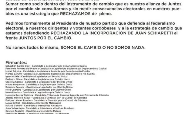 El PRO de Córdoba rechazó la incorporación de Juan Schiaretti a Juntos por el Cambio