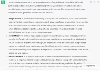 ¿Qué responde ChatGPT al preguntarle si conviene votar a Milei, Massa o Bullrich?