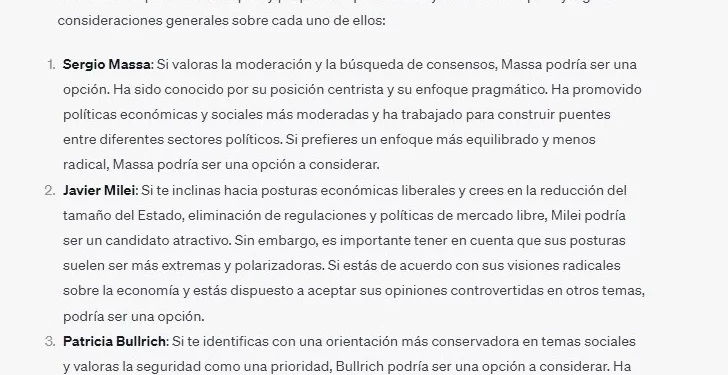 ¿Qué responde ChatGPT al preguntarle si conviene votar a Milei, Massa o Bullrich?
