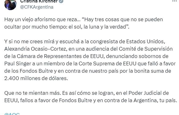 CFK denunció que los fondos buitre sobornan a jueces de Estados Unidos para obtener fallos contra la Argentina