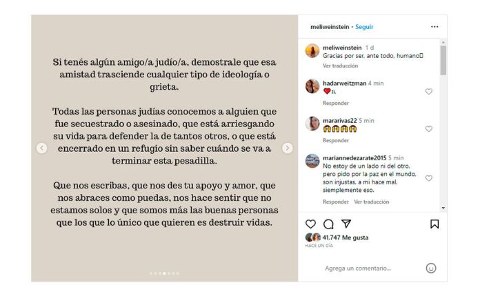 La publicación de Melina Weinstein ya superó los 60 mil "me gusta" y fue compartida por muchas celebridades en Argentina