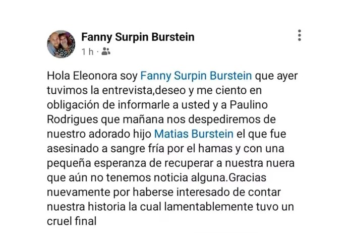 La publicación de Fanny Burstein, la madre de la víctima