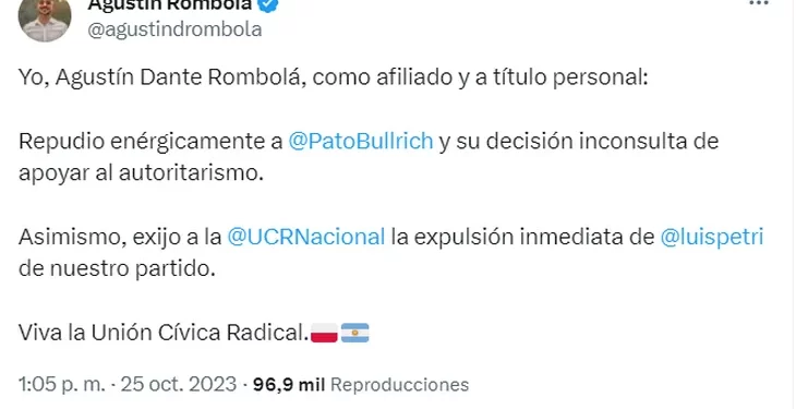 El presidente de la Juventud Radical de la CABA pide que expulsen a Luis Petri por apoyar a Milei