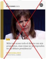 No, la placa de La Nación en la que Patricia Bullrich se queja del acoso de Javier Milei en el debate presidencial no es cierta