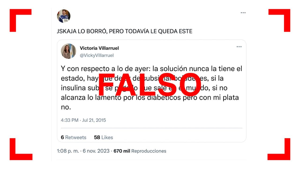 Es falso que en 2015 Victoria Villarruel tuiteó: “Lo lamento por los diabéticos, pero con mi plata no”