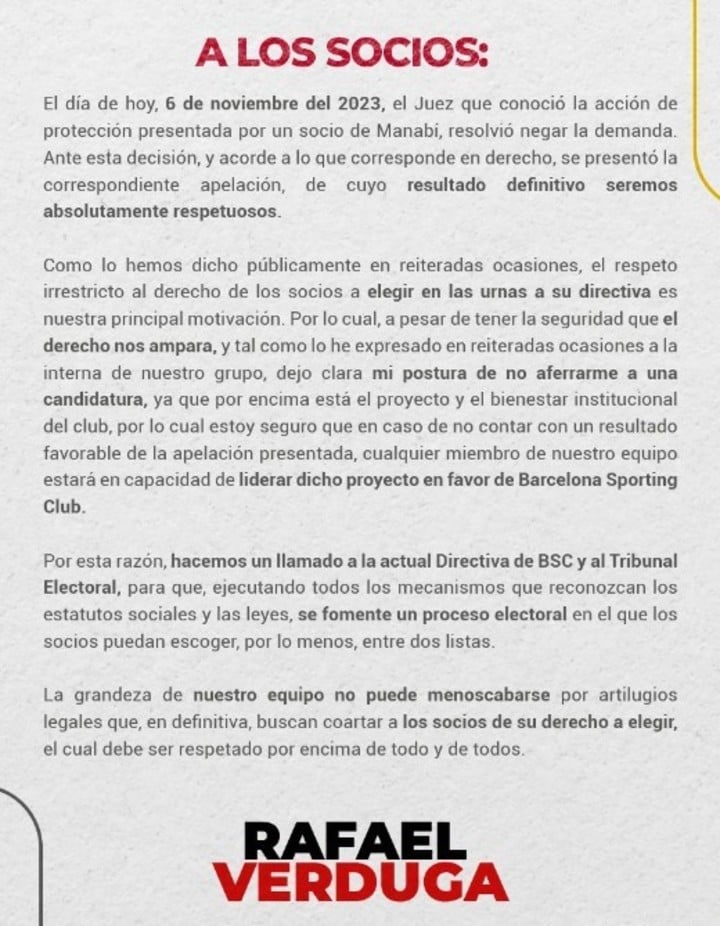 El comunicado de Rafael Verduga en el que se hace a un lado con la candidatura y pide un proceso electoral con dos listas.