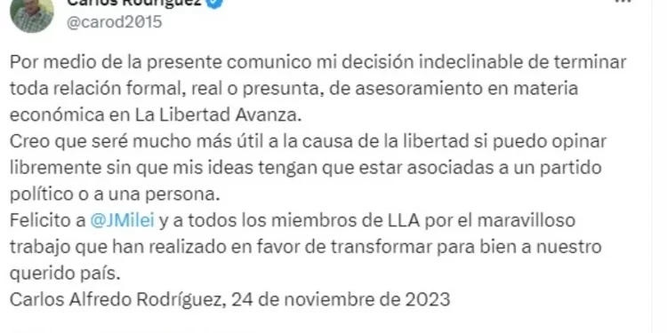 Tras una polémica por dichos homofóbicos, Carlos Rodríguez confirmó su alejamiento de Javier Milei