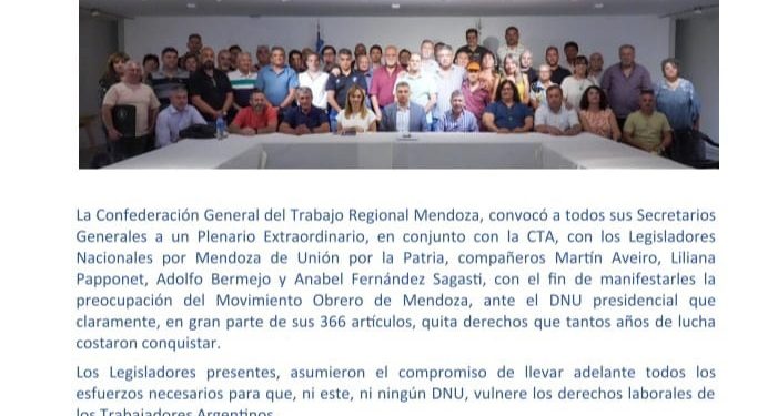 Legisladores nacionales por Mendoza y sindicatos emitieron un documento contra el DNU de Milei