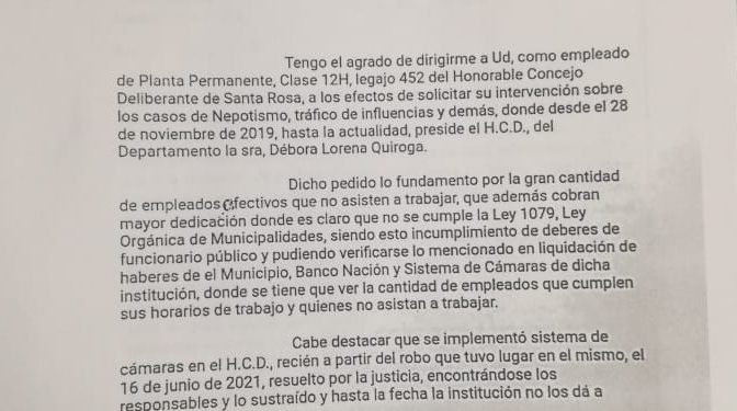 Empleado de carrera del Concejo Deliberante de Santa Rosa denuncia graves hechos de corrupción