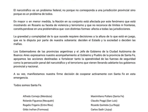 Cornejo y los demás gobernadores apoyaron a Maximiliano Pullaro: “Todos somos Santa Fe