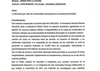 Concejales piden crear una comisión investigadora por el robo de combustible en Rivadavia