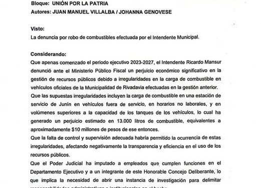 Concejales piden crear una comisión investigadora por el robo de combustible en Rivadavia