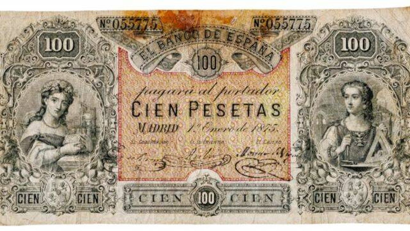 Billete de 100 pesetas impreso en 1875 (Archivo)