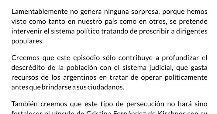 El PJ mendocino criticó el fallo condenatorio contra Cristina Kirchner: “Tratan de proscribir a dirigentes populares”