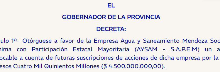 El Gobierno le transfirió $4.500 millones a AySAM para terminar obras presupuestadas en 2024