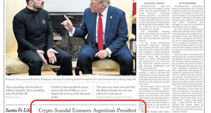 The New York Times persiste con el cripto-gate $LIBRA y Milei en su tapa, anticipado ayer por TNA