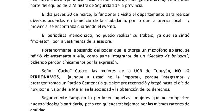 “Séquito de boludas”: mujeres radicales repudiaron a un periodista local por dichos machistas