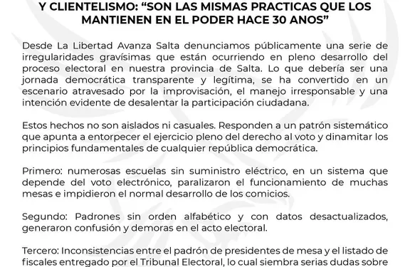 Elecciones en Salta: LLA denunció “irregularidades” y “clientelismo”